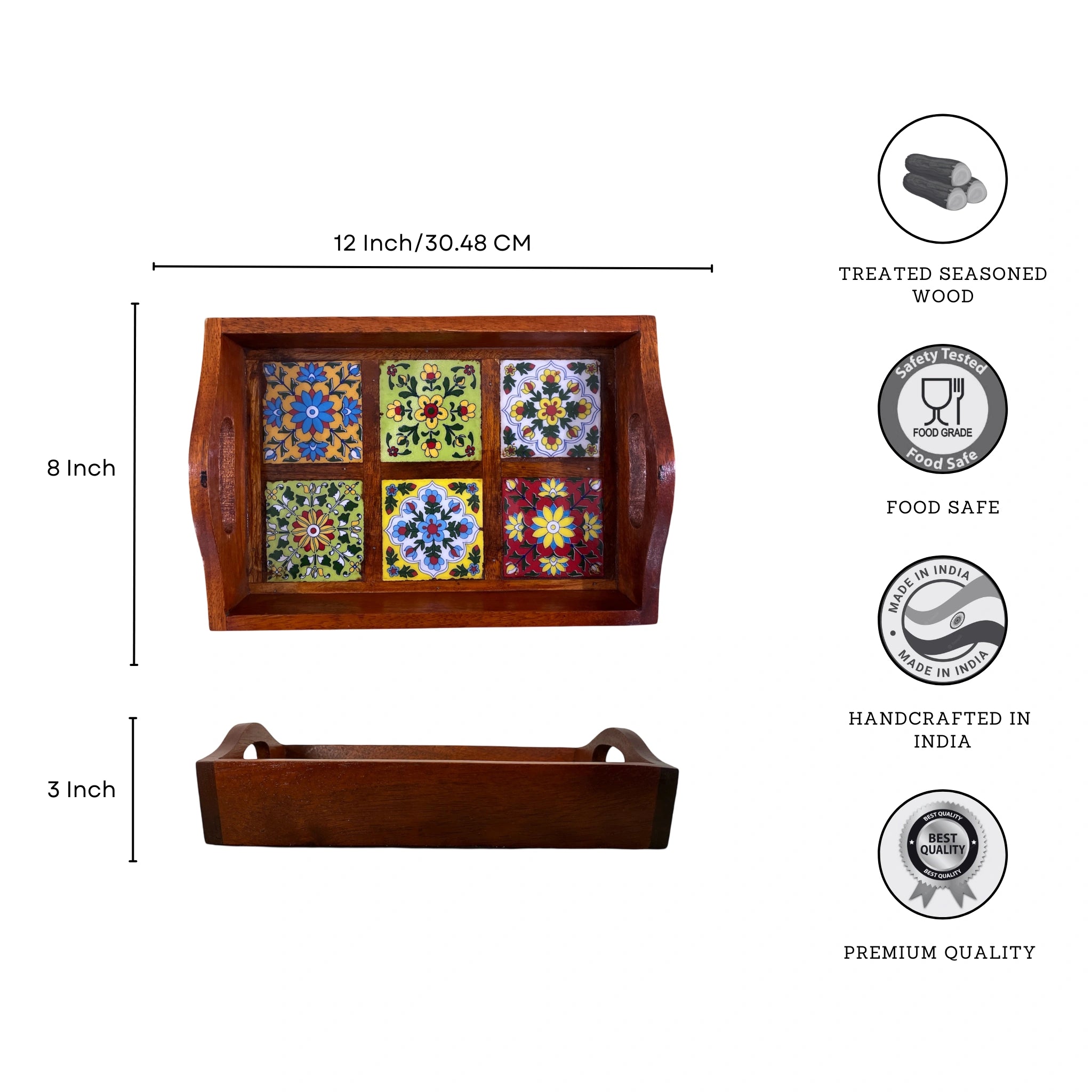 Mosaic 6-Tiles Wooden Tray | 6 Ceramic Tiles